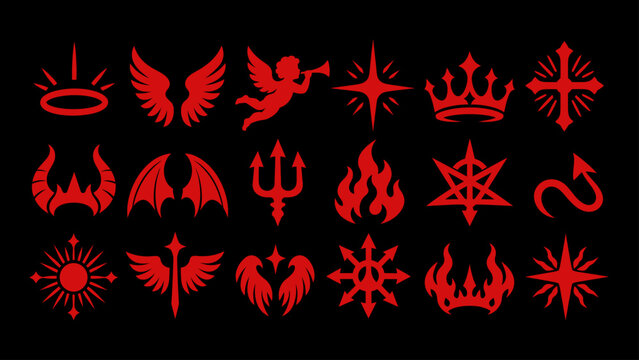 Angel and Demon Fantasy Symbol Silhouette Set on Parchment
