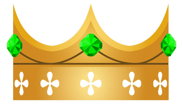 Golden crown with emerald gem. Medieval royalty icon