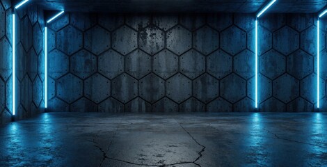 Fototapeta premium Futuristic empty garage with hexagonal concrete walls, neon blue light stripes. Dark hangar interior features industrial cement floor, sci-fi tunnel design. Modern 3D render backdrop for product