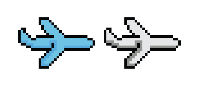Pixel Art Airplanes: Two pixel art airplanes, one blue and one gray, are depicted in a side-by-side view, representing aviation and travel in a retro digital style.