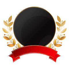 Fototapeta premium Coat of arms with a black circle, golden laurel branches and a red ribbon