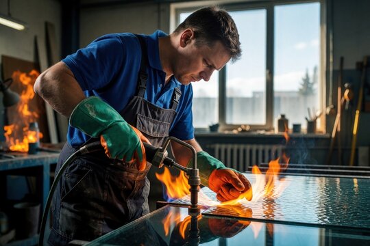 Professional glazier uses blowtorch to heat glass pane in industrial workshop. Male craftsman wearing blue uniform, safety gloves performs precise cutting work. Intense orange flames melt material