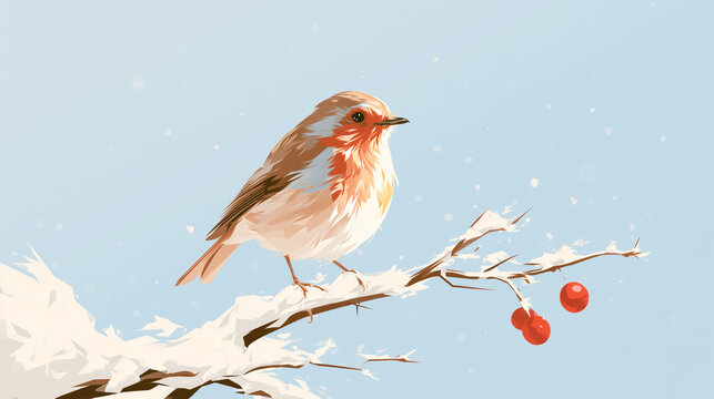 Cheerful flat vector illustration of a small bird perched on a snow-covered branch, peaceful winter mood