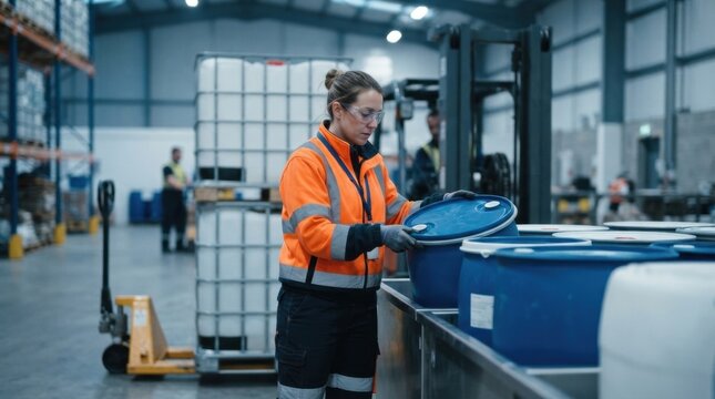 Warehouse operator inspecting sealed chemical drums and ibc totes beside forklift, pallet jack, and spill pallets in a clean distribution center.