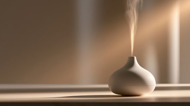 Minimalist ceramic essential oil diffuser releasing aromatic mist on a wooden surface with warm natural sunlight in a tranquil indoor setting