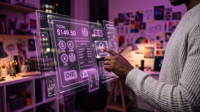 Person interacting with a glowing holographic cash register interface showing a total of 149.50, currency symbols, and a digital receipt in a dimly lit room with purple ambient lighting