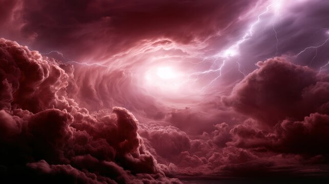 Dramatic swirling storm clouds in deep red hues with vivid lightning flashes illuminating the turbulent sky at sunset or dawn