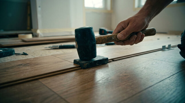 Flooring installer hand holding soft rubber mallet hammer tool tapping block block align interlocking laminate wood flooring plank joints rows home renovation layout photo