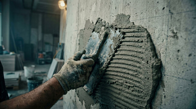 Mason tiler hand using notched steel trowel comb tool spreading thick grey cement adhesive glue mortar paste compound concrete wall tiling home renovation design layout