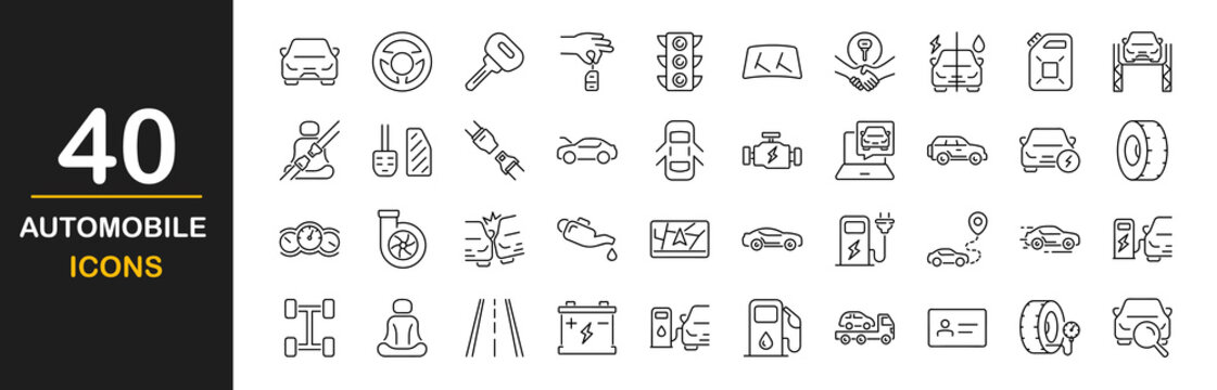 Automobile icon set. Contains such icons as car, auto, automobile, auto service, rent, vehicle repair, wheel, engine, battery, fuel, traffic, brake and more. Linear icon collection Vector illustration