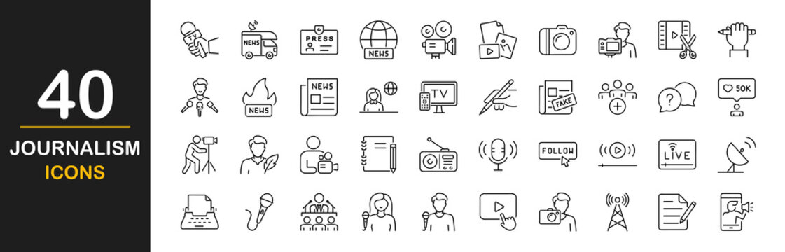 Journalism icon set. Contains such icons as press, news, journalist, mass media, program, TV show, interview, video, report, broadcast and more. Linear icon collection. Vector illustration