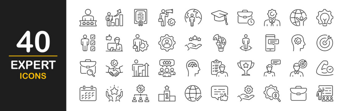 Expert icon set. Contains such icons as management, professional, leadership, specialist, coaching, growth, skill, mentor, knowledge, advice and more. Linear icon collection. Vector illustration