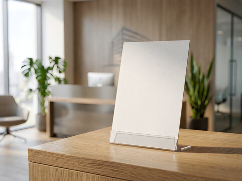 Blank glass photo frame standing on a wooden table in a modern bright office room mockup