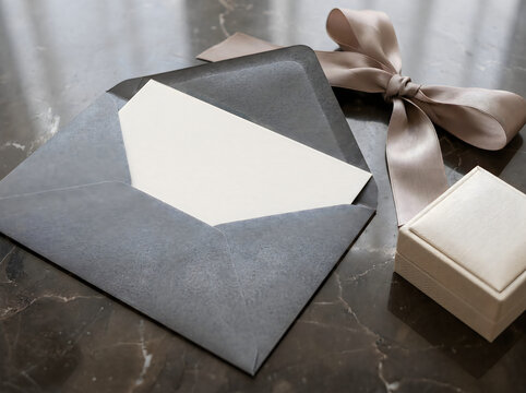 Open paper envelope with a blank white card resting on a dark marble table surface mockup