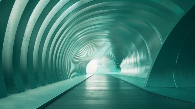 Sci-fi architectural tunnel with teal arched ribs, futuristic metallic corridor leading to bright light, cinematic turquoise interior background