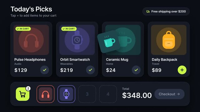 E-commerce Mobile App Interface Animation Adding Products to Shopping Cart and Completing Checkout, Dark Mode UI