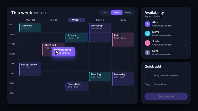 Digital calendar interface animation showing user dragging a new meeting event to check team availability in dark mode UI