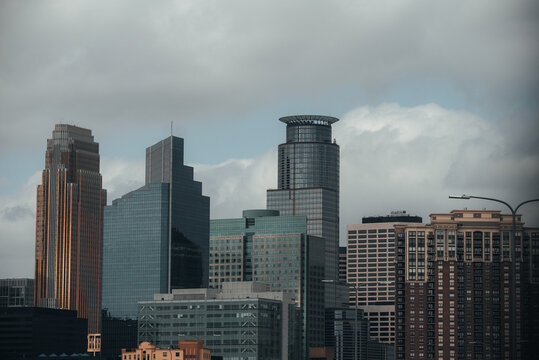 Aerial view of the Minneapolis skyline featuring modern skyscrapers, glass facades, and the iconic IDS Center in Minneapolis, Minnesota, United States.