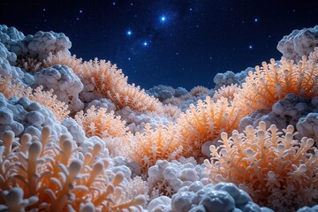 Fototapeta premium Surreal dreamlike landscape with pale orange plants, bumpy white rocks under starry night sky. Fantasy flora grows among stone formations in deep space. Celestial scenery with cosmos background
