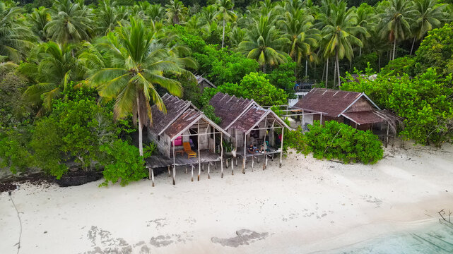Aerial view of traditional wooden stilt houses on the beach of Mansuar island, surrounded by lush palm trees and tropical vegetation in Raja Ampat, Southwest Papua, Indonesia.
