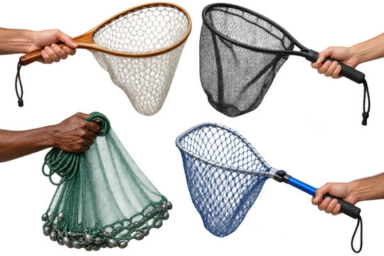 Four different fishing nets held by hands. The nets vary in size, material, and design, including a wooden-handled net, a black mesh net, a green cast net. Transparent Background. AI generative