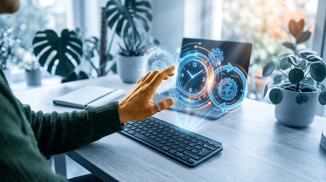 Person reaching toward a glowing blue digital clock and gear interface hovering above a computer keyboard on a wooden desk with potted plants
