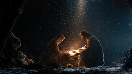 Fototapeta premium Nativity scene with Mary and Joseph adoring the newborn in a glowing manger on a holy Christmas night