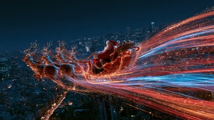 Fototapeta premium Santa Claus flying his glowing sleigh with reindeer over a city skyline at Christmas night delivering gifts