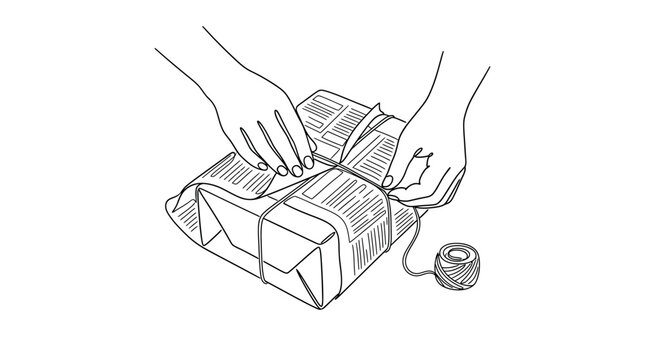 Hands wrapping a small parcel with string line art illustration