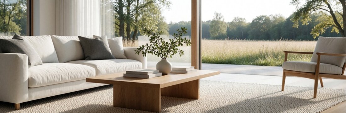 Modern scandinavian living room with minimalist furniture. Large glass sliding doors open to green meadow, trees. White sofa, wooden coffee table, cozy armchair on textured rug. Bright interior