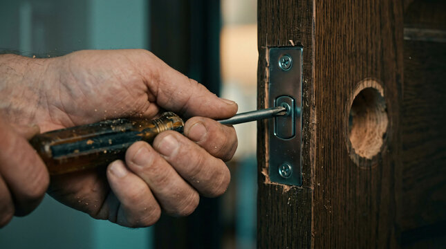Carpenter hand using manual screwdriver tool tightening steel fastener screws onto modern metallic chrome door lock latch plate face wooden interior frame edge design