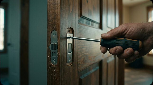 Carpenter hand using manual screwdriver tool tightening steel fastener screws onto modern metallic chrome door lock latch plate face wooden interior frame edge design