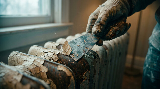 Restoration decorator hand using carbon steel scraper putty knife tool peeling stripping cracked old white paint coat layers vintage cast iron radiator section design