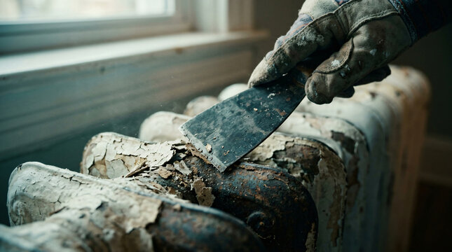 Restoration decorator hand using carbon steel scraper putty knife tool peeling stripping cracked old white paint coat layers vintage cast iron radiator section design