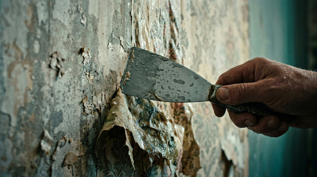 Builder decorator hand using wide steel wallpaper scraper blade tool peeling stripping soaked old vintage pattern paper sheets damp plaster wall surface project photo