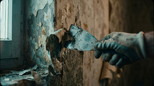 Builder decorator hand using wide steel wallpaper scraper blade tool peeling stripping soaked old vintage pattern paper sheets damp plaster wall surface project photo