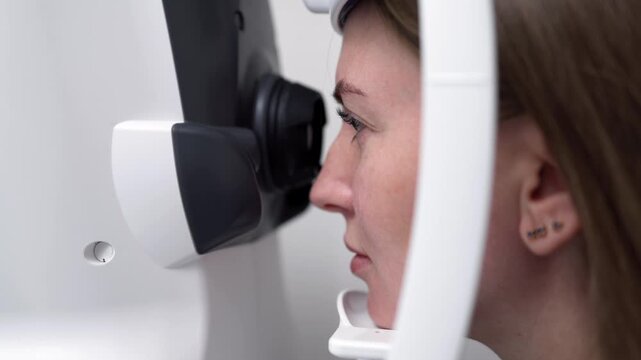 Patient having an eye diagnostic test with modern ophthalmology equipment to examine corneal shape and detect possible abnormalities.

