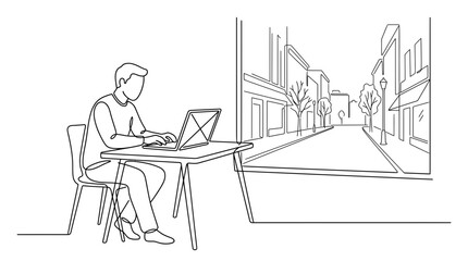 Fototapeta premium One line drawing of man sitting at desk using laptop