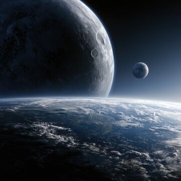 View of the moon?s cratered surface and a smaller celestial body from Earth?s cloud-covered horizon in deep space atmosphere at dawn