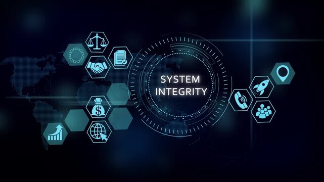 System integrity digital interface with global network icons and hud technology cybersecurity