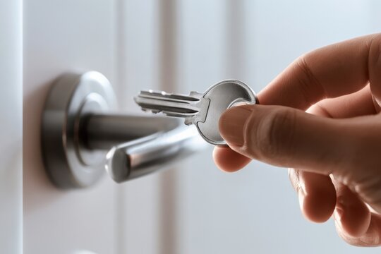 Person inserting a modern silver key into a sleek metallic door handle lock on a white door in a bright room environment