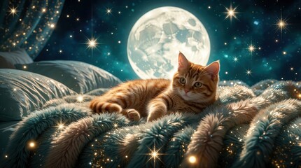 Fototapeta premium Cute ginger tabby cat lies on soft fuzzy blanket under bright full moon. Fluffy orange kitten rests in cozy bedroom at night. Magical starry sky, glowing sparkles create dreamy fantasy atmosphere