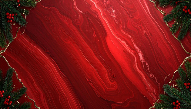 Festive Christmas background featuring a rich red marbled stone surface framed by green pine branches and red winter berries.