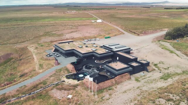 Wide aerial panorama of Deildartunguhver hot spring in