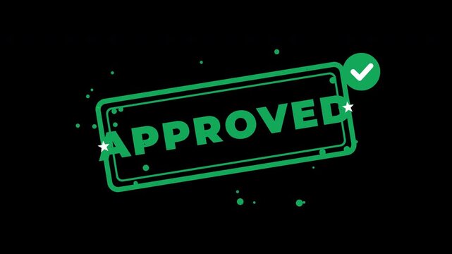 Green Approved rubber stamp slamming down with ink flecks and a check badge on alpha channel