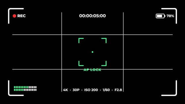 Camera viewfinder overlay with blinking rec dot focus lock timecode and battery with alpha channel