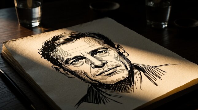 Close up of hand drawn male portrait on textured paper. Artistic ink sketch of man face with detailed lines sits on wooden table under dramatic sunlight. Creative concept for art student illustrator