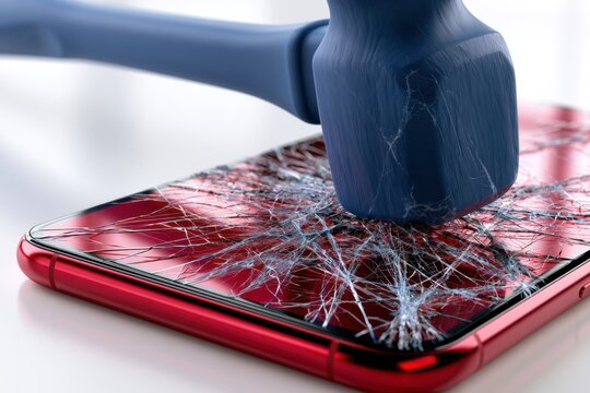 Red smartphone with extensively shattered screen glass damaged by heavy mallet on white surface representing device breakage and repair challenges