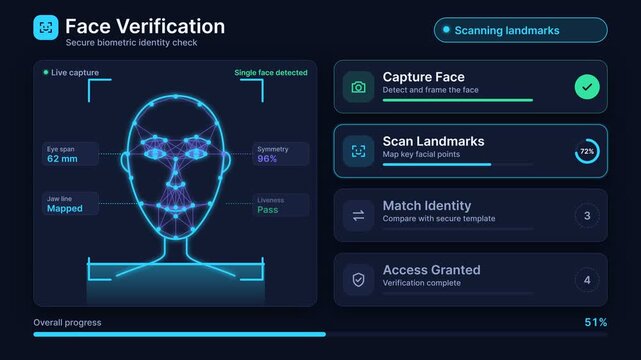 Biometric Facial Recognition Interface Scanning and Verifying Identity, Futuristic Digital UI Animation