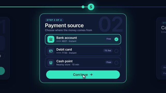 Fintech Mobile App Interface Animation Showing Money Top-up Process with Payment Selection and PIN Verification, Motion Graphics